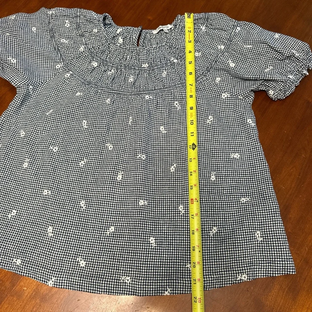 Madewell Navy Gingham Smocked Puff Sleeve Top